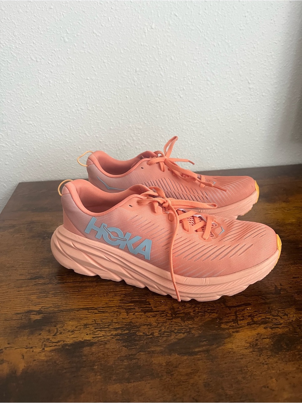 Hoka Women's Peach Athletic Running Shoes with Light Blue Logo - Picture 2 of 6